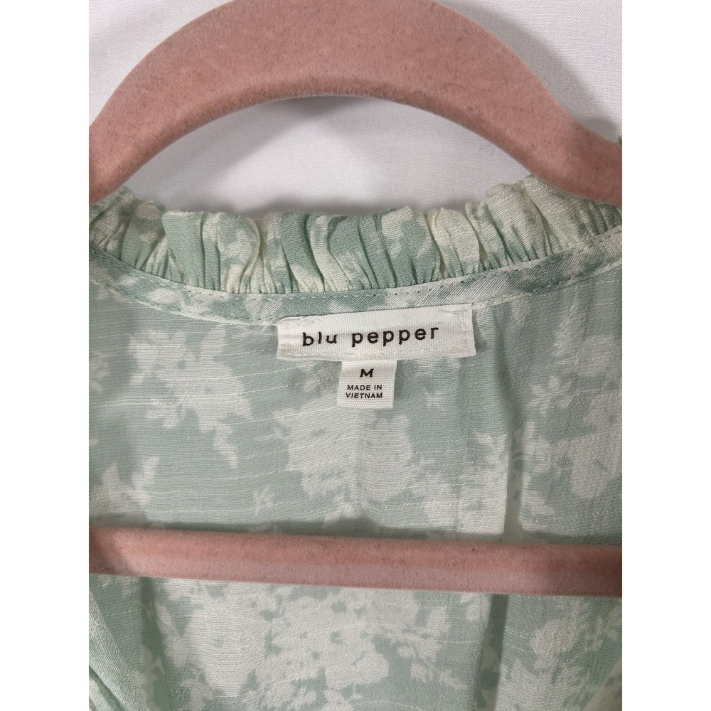 Blu Pepper Sage Green Floral Mini Dress Medium Cottagecore Boho Ruffle Smocked - Picture 4 of 10
